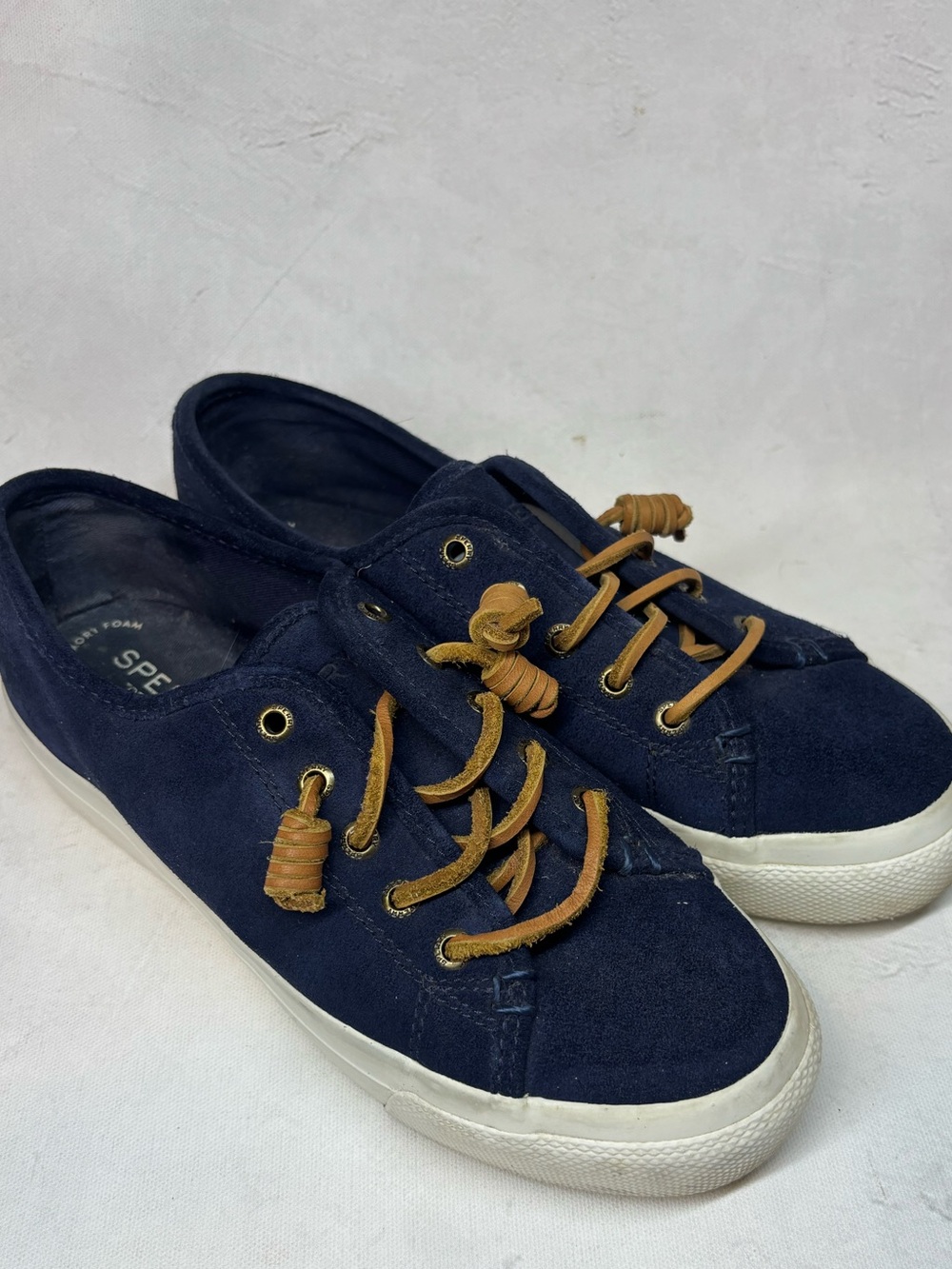 Womens Navy Sperry Topsiders Slip on Casual Sneakers with Tan Laces, size 7